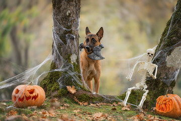 A dog in a spooky Halloween costume is in an autumn forest, surrounded by smoke and pumpkins