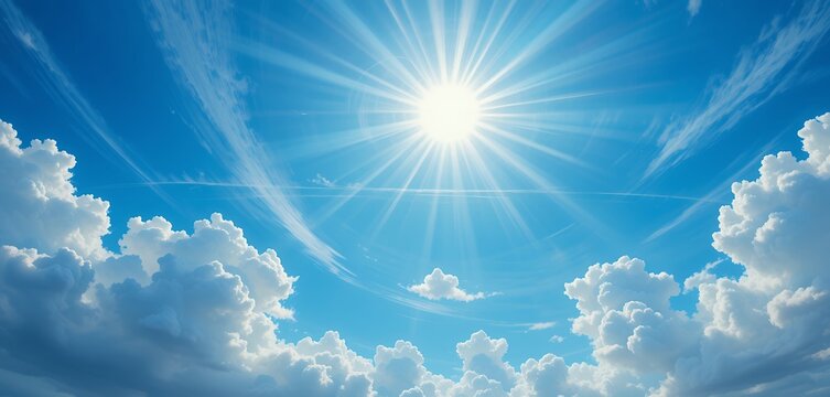 Bright sun shining over fluffy clouds in a clear blue sky on a sunny day - Powered by Adobe