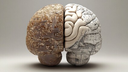 A human brain is split in half, one side depicting an electronic circuitry pattern and the other side showcasing gray and white hues