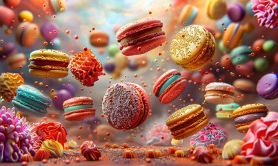 Colorful macaron and candy floating arrangement sweet food art