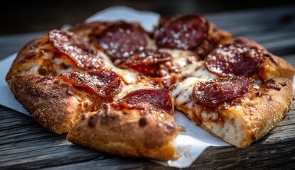 Close-up of a sliced pepperoni pizza on a wooden surface