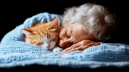 Comforting Companionship: Tender Scene of Elderly Woman Napping Peacefully with Ginger Kitten Wrapped in a Blue Knit Blanket