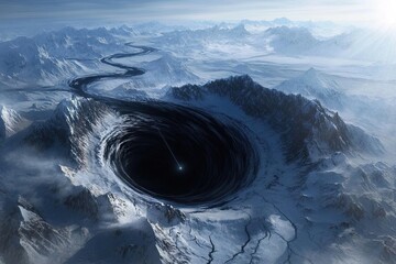 A large black hole with an icy field in the foreground