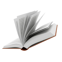 Open book with pages turning in mid-air, showcasing text and a brown cover isolated on transparent background