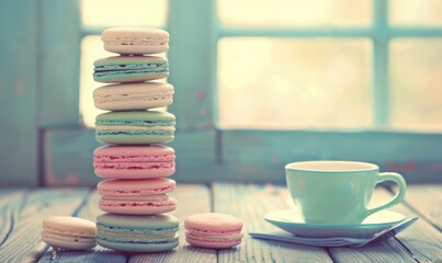 Colorful macaron stack with tea cup on rustic wooden table vintage style