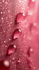 Close-up of pink glitter with water drops, reflecting light