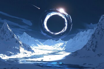 A large black hole with an icy field in the foreground