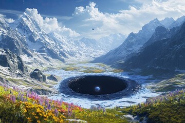 A large black hole with an icy field in the foreground
