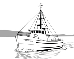 Motorboat vector named “THE WANDERER”—sailing on water with antenna mast, cabin windows, and horizon background for marine design content