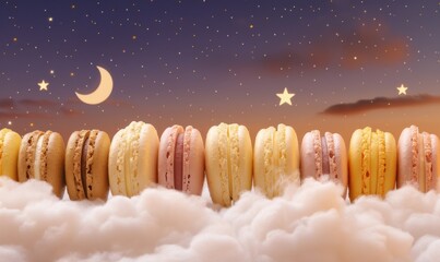 Colorful macarons in dreamy twilight sky with stars and clouds concept
