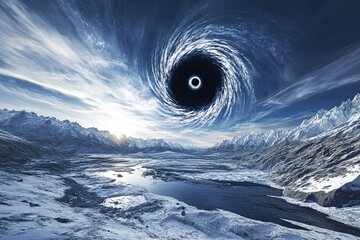 A large black hole with an icy field in the foreground