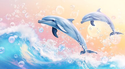 Fototapeta premium Happy dolphin pair swimming through fantasy sea sky high resolution picture