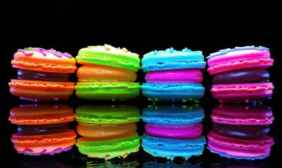 Colorful macarons stacked on black background sweet treat arrangement