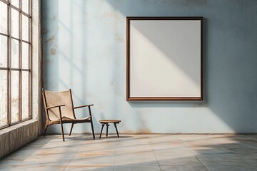 A large, blank frame is hanging on the wall of an empty room 