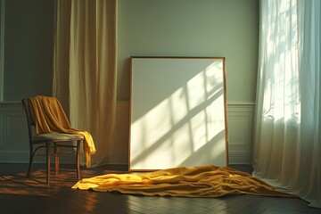 A large, blank frame is hanging on the wall of an empty room 