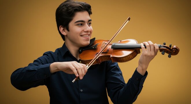 Cheerful teen musician playing violin with passion and joy for a vibrant musical performance - Powered by Adobe