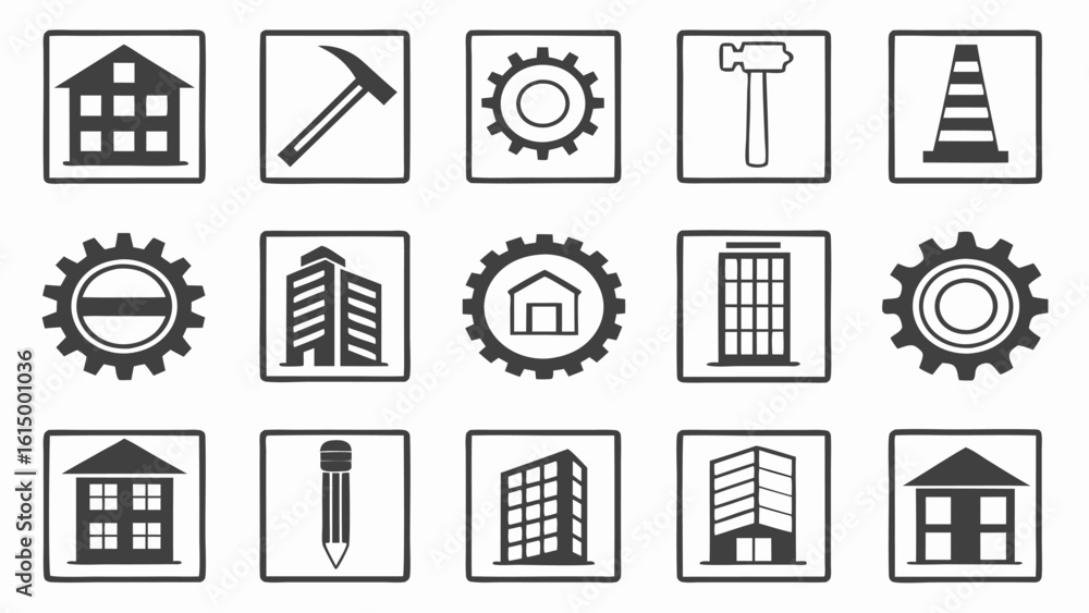 Poster collection of construction and building icons in a grid layout