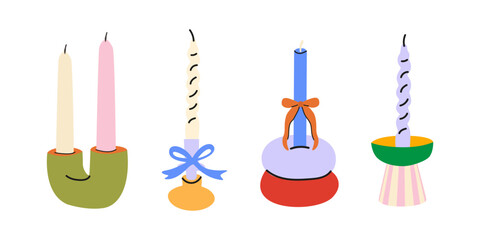 Vintage candles holder set in different abstract shapes. Decorative cartoon wax candles in retro 90s style. Cozy hand drawn doodle aroma candle stickers. Interior vector elements