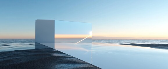 A large, rectangular white glass structure stands on the ground of black sand and seawater