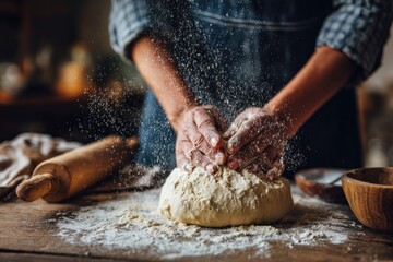 Fototapeta premium Hands knead flour into dough, surrounded by a wooden rolling pin and rustic kitchen tools, creating a cozy atmosphere for baking