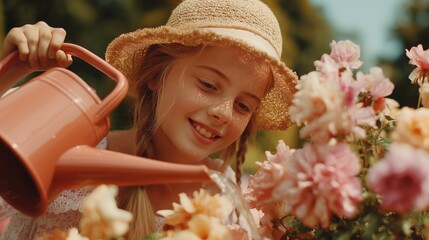 Smiling girl in a straw hat waters blooming flowers with a watering can on a sunny day in the garden. Bright summer mood, floral care, and outdoor joy captured in warm light.