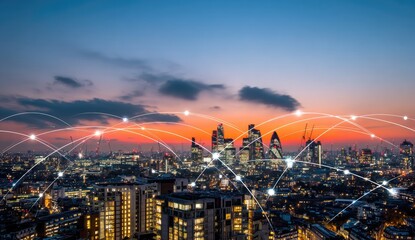 City skyline at dusk, interconnected by a network of lines