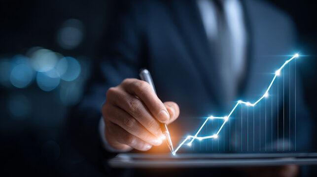 Businessman drawing glowing graph with digital pen showing business growth and financial success