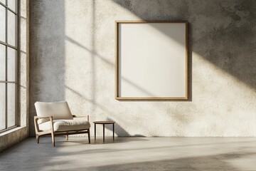 A large wall with an empty picture frame