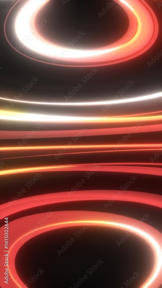 Poster glowing concentric red and white rings radiating in a symmetrical pattern with a soft neon light eff