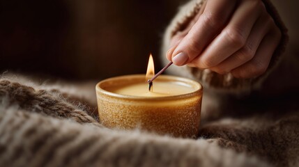 A cozy moment of lighting a handmade soy candle in a ceramic jar. Warm tones, textured wool background, and dried flowers create a calm, rustic winter atmosphere.