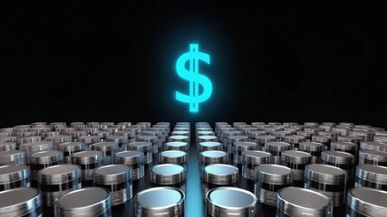 A luminous dollar sign hovers above rows of silver cylindrical objects on black. - Powered by Adobe