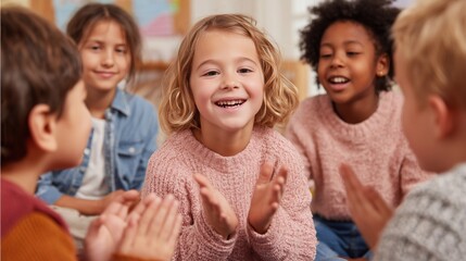 Group of happy children clapping and playing together in a bright classroom, joyful diverse kids enjoying interactive activity, early childhood education and friendship concept.
