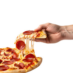Pepperoni pizza slice with melted cheese being lifted by a hand isolated on transparent background