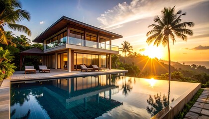 Modern villa with infinity pool overlooking sunset ocean view