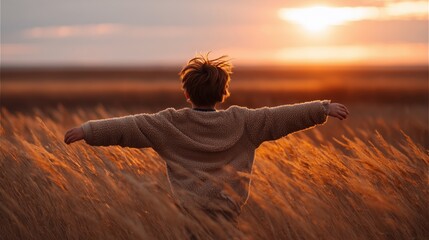 Child with outstretched arms running through golden wheat field at sunset, warm autumn light, peaceful countryside evening scene, viewed from behind.