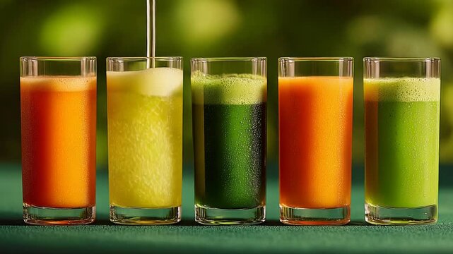Five tall glasses with colorful juice variations on a green surface, with blurred background