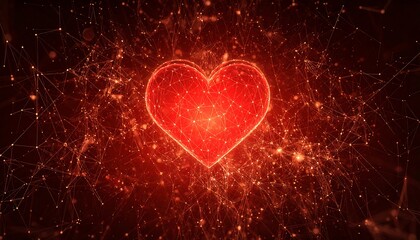 A glowing red heart with intricate network design
