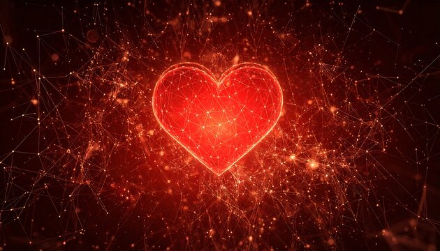 A glowing red heart with intricate network design