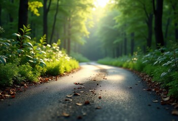 Obraz premium textured asphalt road surrounded lush natural foliage capturing vibrant greenery earthy patterns serene nature setting, landscape, path, vegetation