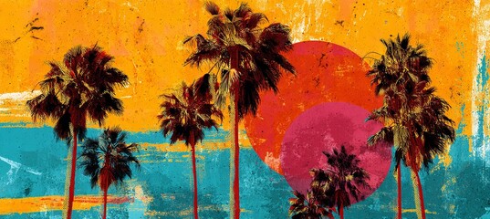 Palm trees against a colorful abstract background with orange and pink circles visible in the scene © Alina Art Works