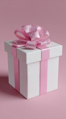 Obraz premium Elegant white gift box with pink ribbon on pink background