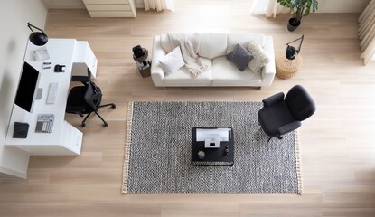High-angle view of a modern home office/living area