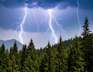 Dramatic lightning strikes illuminate a dark, mountainous forest