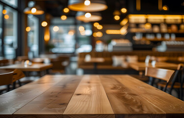 Modern Wooden Table in Cozy Cafe Interior Blurred Background Coffee Shop Scene for Banner Poster Website Restaurant Branding Template
