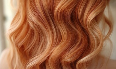 Fototapeta premium Peach fuzz wavy hair color and texture close-up, highlighting hair salon services and haircare expertise, Generative AI
