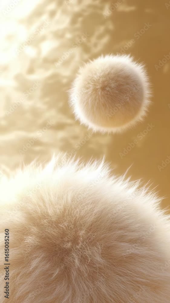 Poster exploration of fluffy spherical structures floating in a warm, glowing environment captured in close