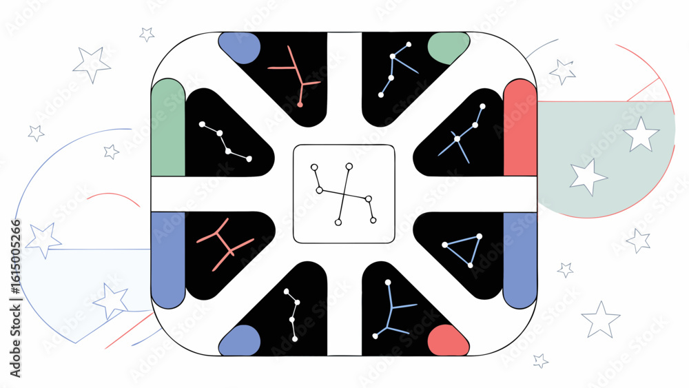 Poster Abstract geometric design featuring interconnected nodes and vibrant colors on a white background.