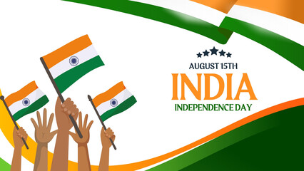 Vector illustration celebrating India Independence Day, featuring raised hands proudly waving the national flag