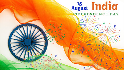 A patriotic concept for India's Independence Day celebration on August 15th, featuring the tricolor flag, Ashoka Chakra, and vibrant fireworks.
