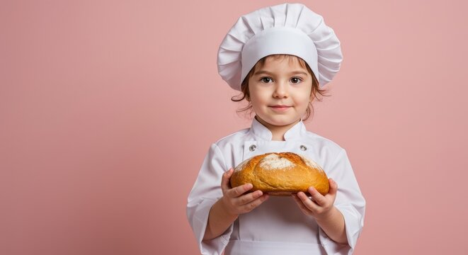Adorable little chef proudly presents freshly baked bread loaf against soft pink background, a culinary delight